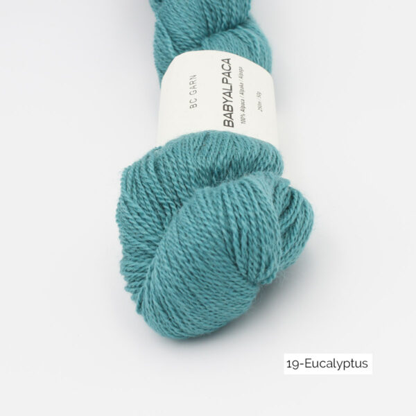 Zoom on a skein of BC Garn's Baby Alpaca in the Eucalyptus colorway