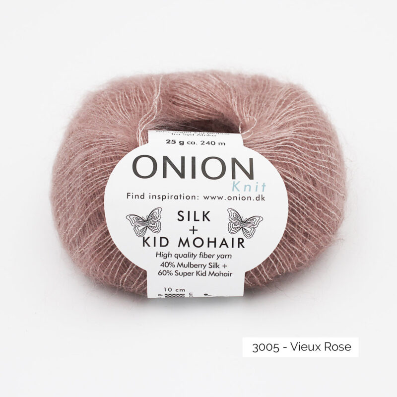 Une pelote de Silk + Kid Mohair d'Onion coloris Vieux Rose