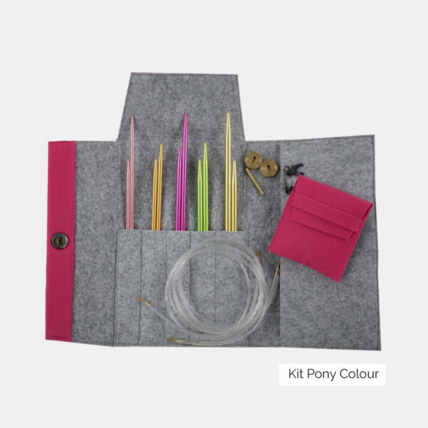 Présentation du kit d'aiguilles circulaires interchangeables Pony Colour, avec pointes en aluminium, dans sa pochette avec ses accessoires